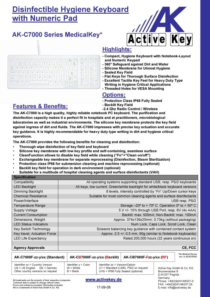 Active Key AK-C7000 Disinfectible Hygiene Keyboard with Numeric Pad