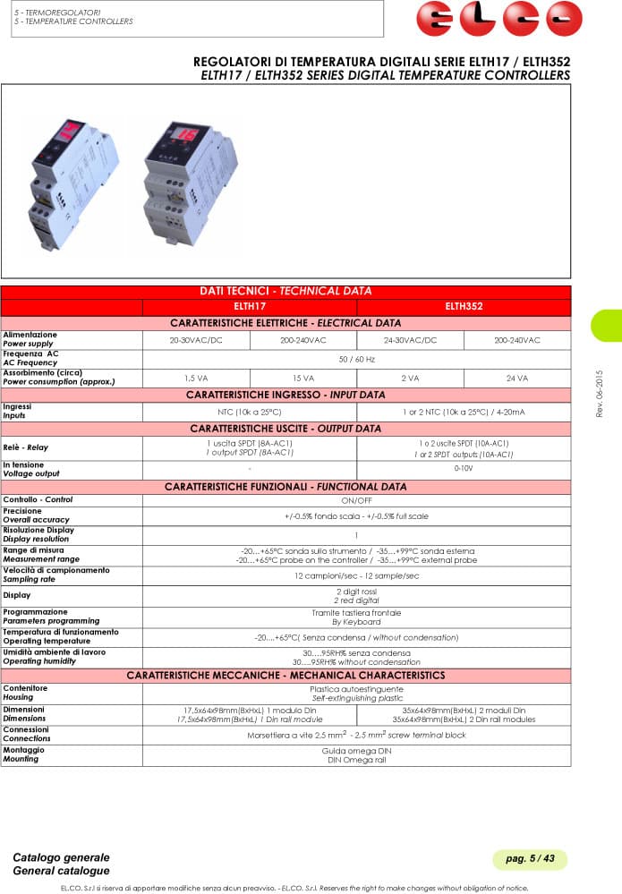 Elco Digital Electronic Temperature Controllers - ELTH17, ELTH352 Series