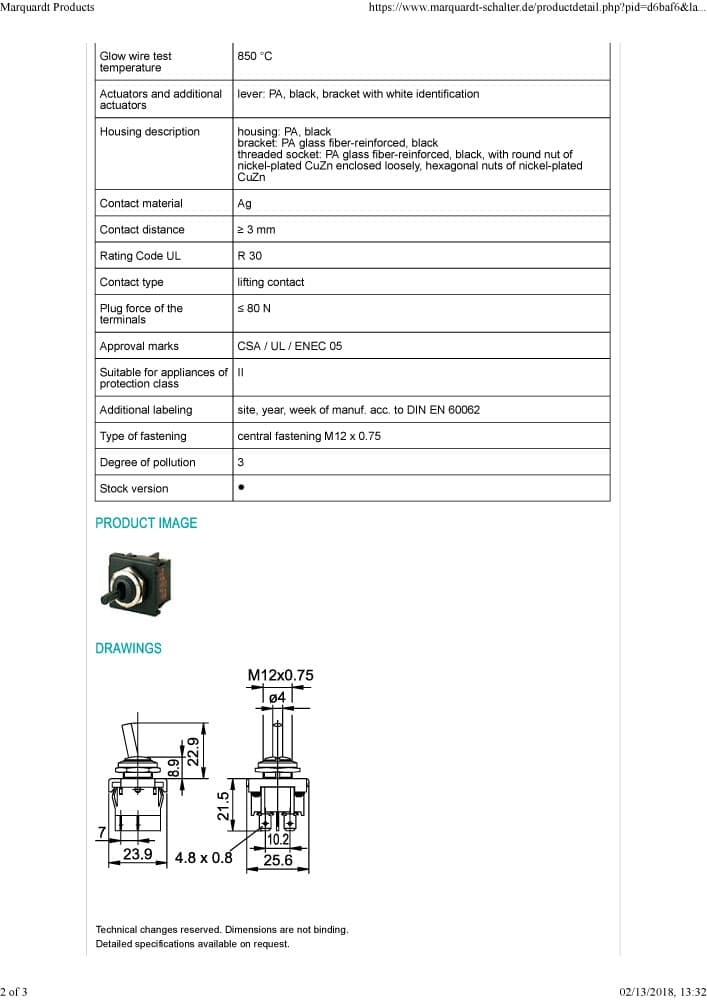 Marquardt Single and Double Pole Toggle Switch Series - 1820