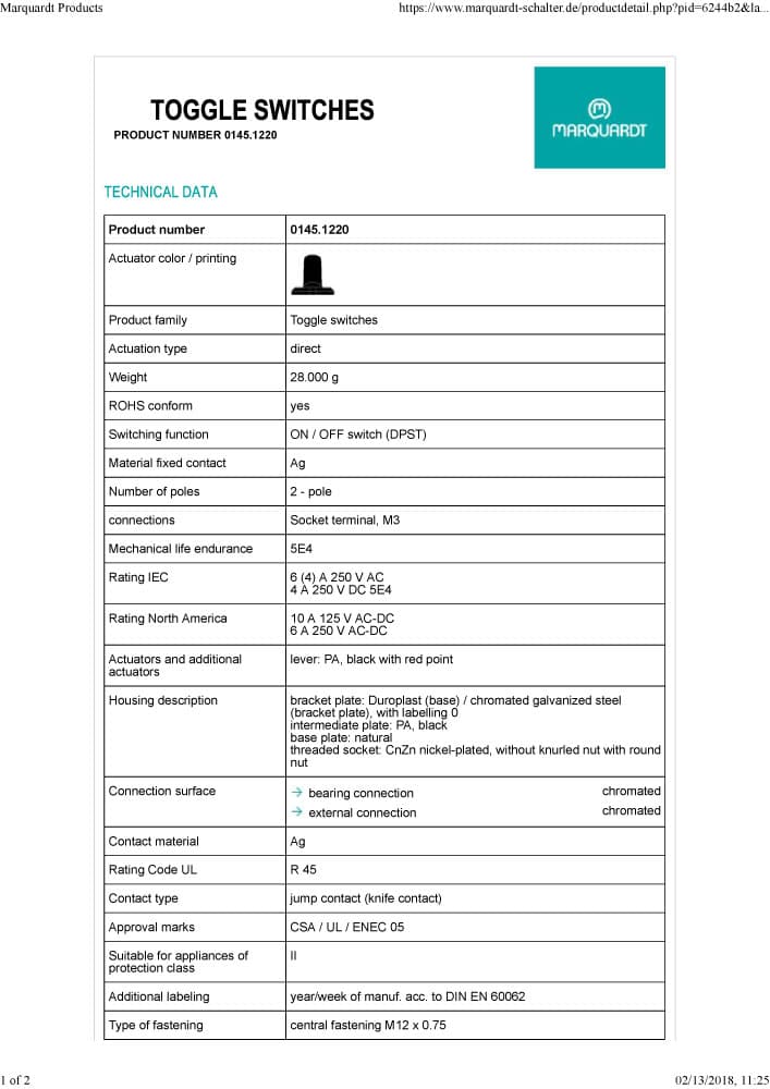 Marquardt Double Pole Toggle Switch Series - 0145