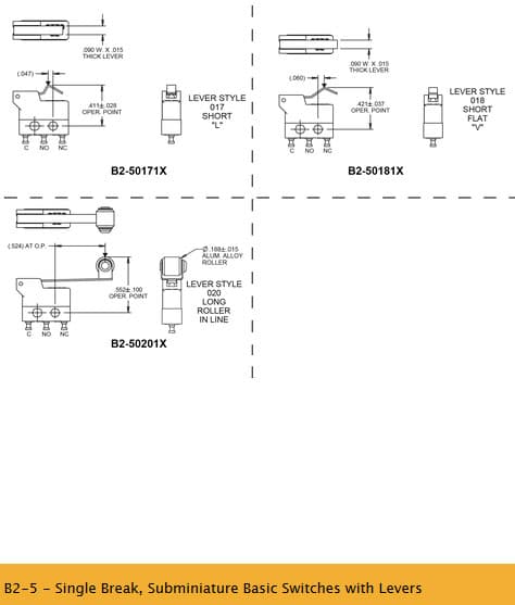 A single break sub-miniature basic switch with integral actuating levers, to