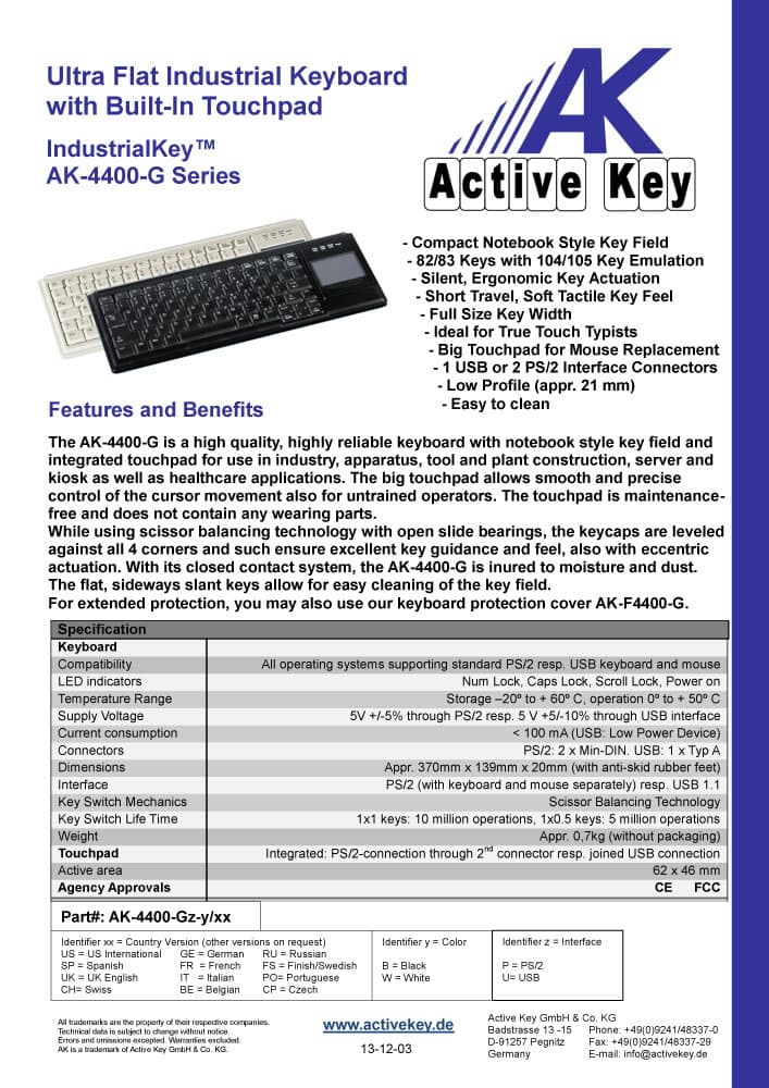 Active Key AK-4400-GU Mini Desk Keyboard with Touchpad