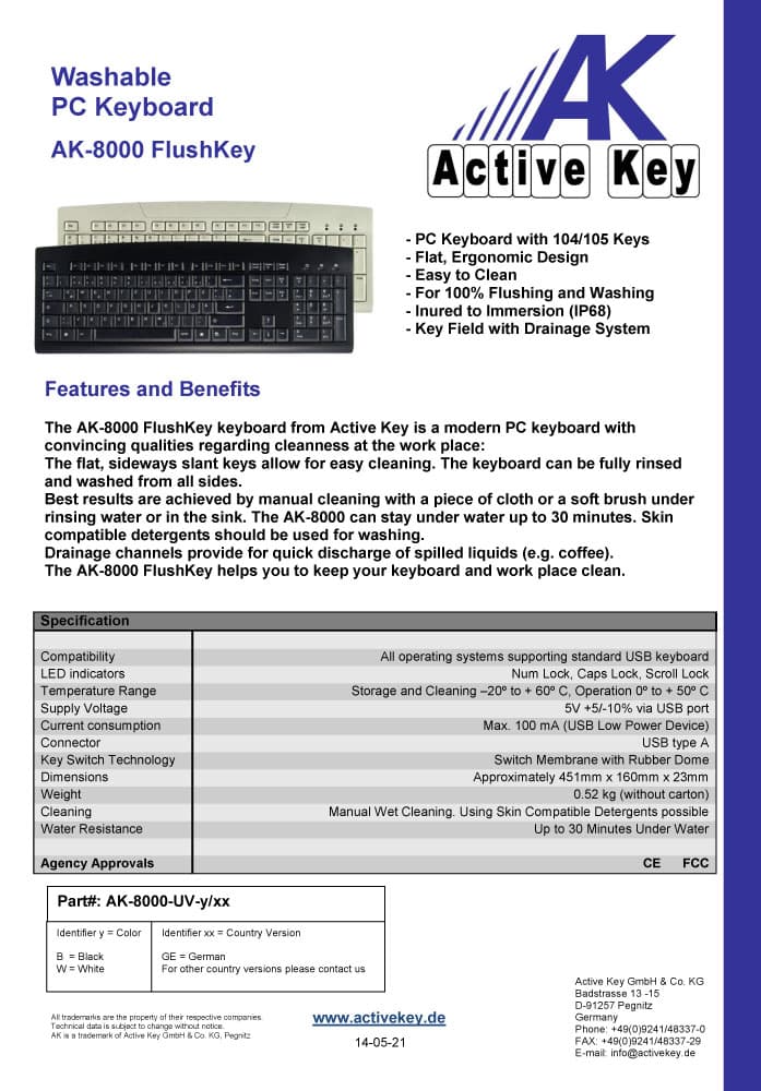 Active Key AK-8000 Washable Keyboard